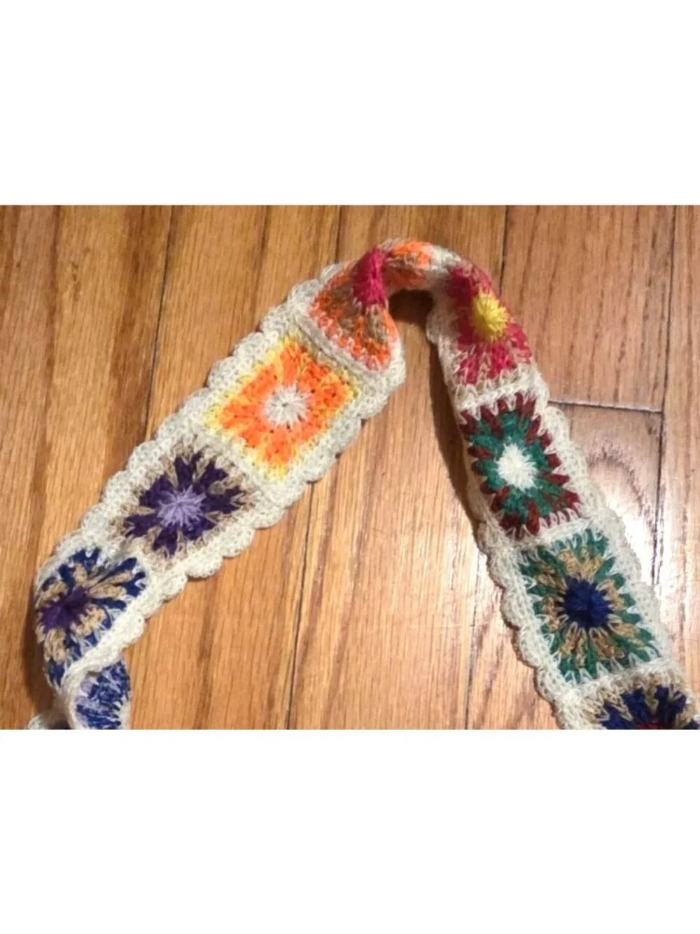 Crochet Shoulder Bag With Colorful Floral Strap Handmade Boho Style